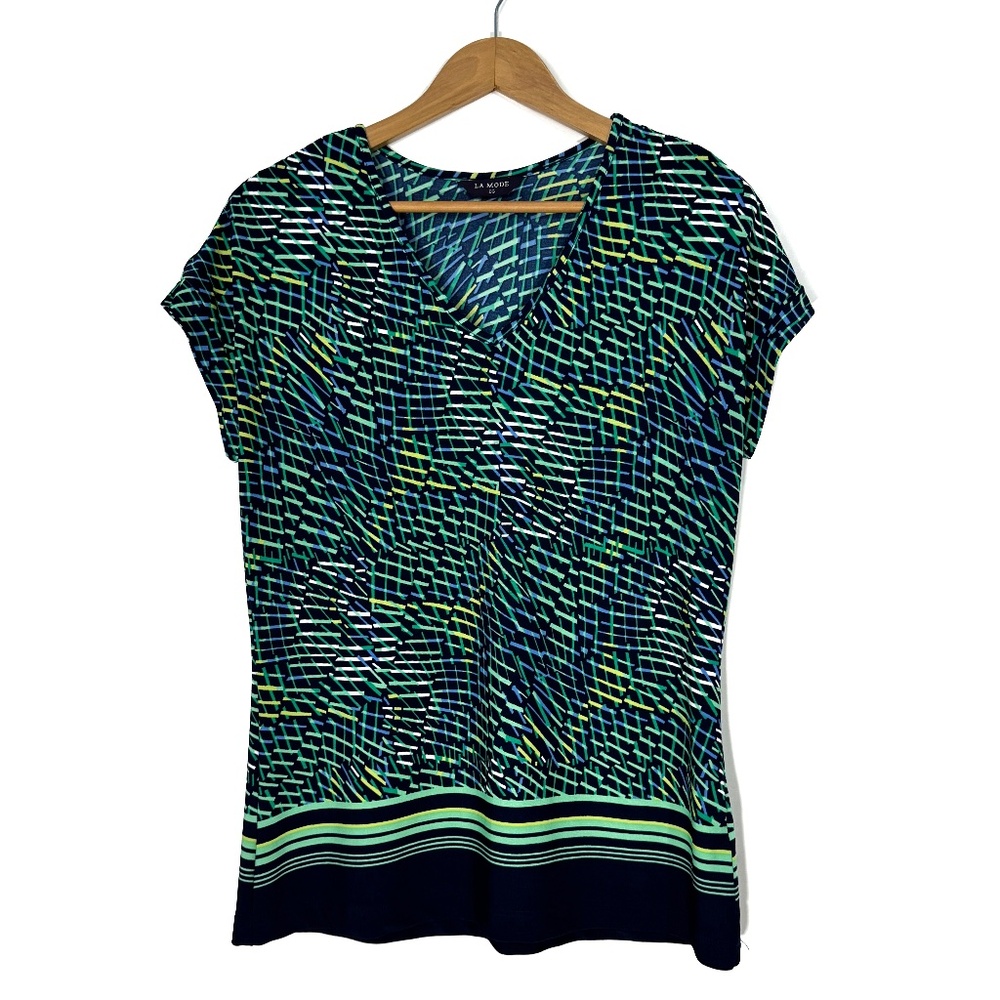 La Mode Women’s Size XL Green Black Multi Printed Short Sleeve Stretch Blouse